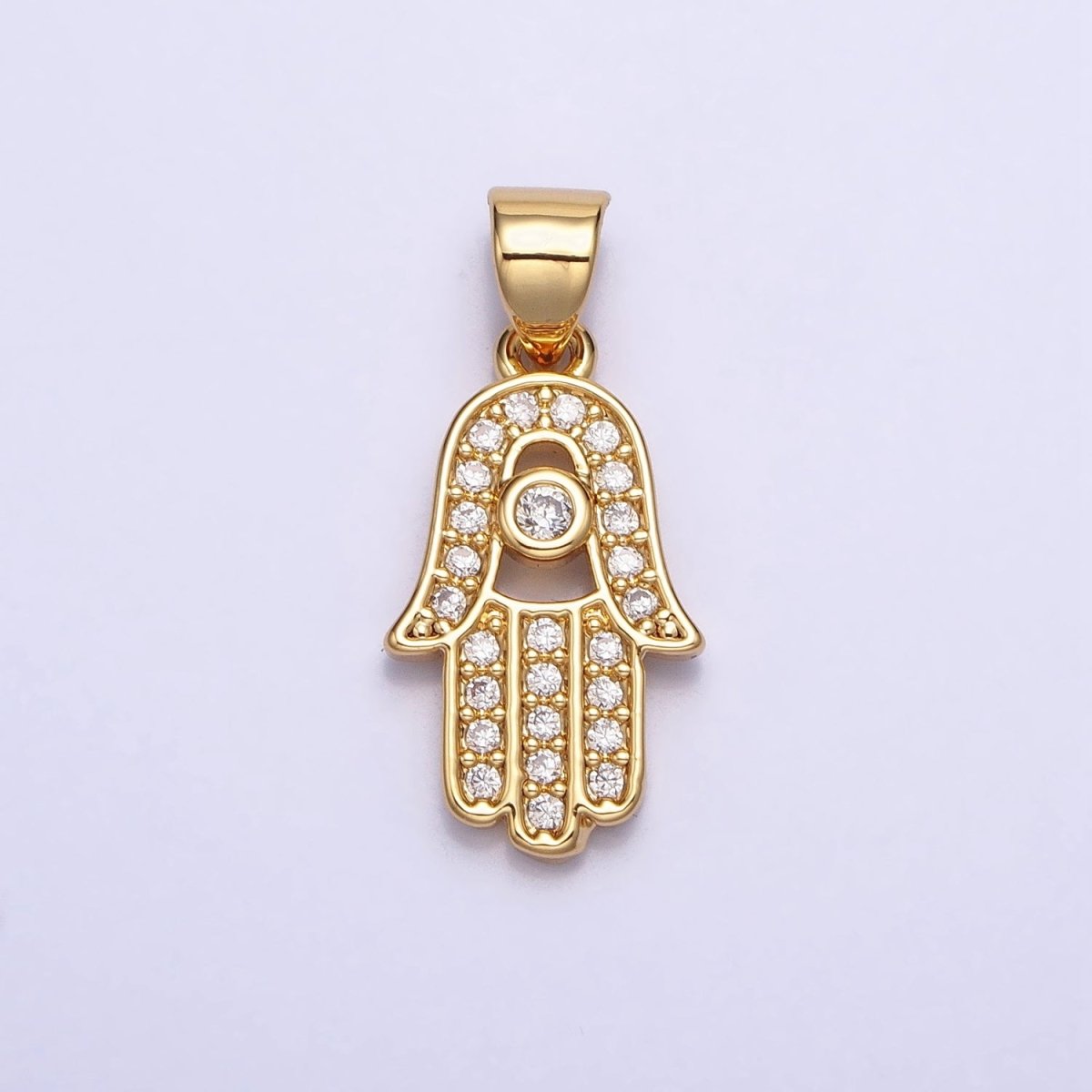 Gold-Filled 23mm Micro Pave Clear CZ Protection Hamsa Hand Evil Eye Pendant in Gold or Silver