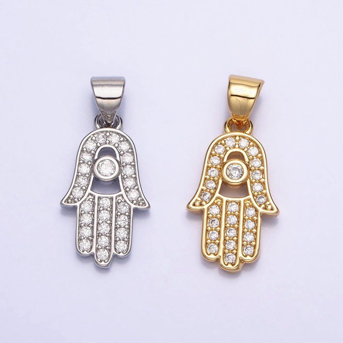 Gold-Filled 23mm Micro Pave Clear CZ Protection Hamsa Hand Evil Eye Pendant in Gold or Silver