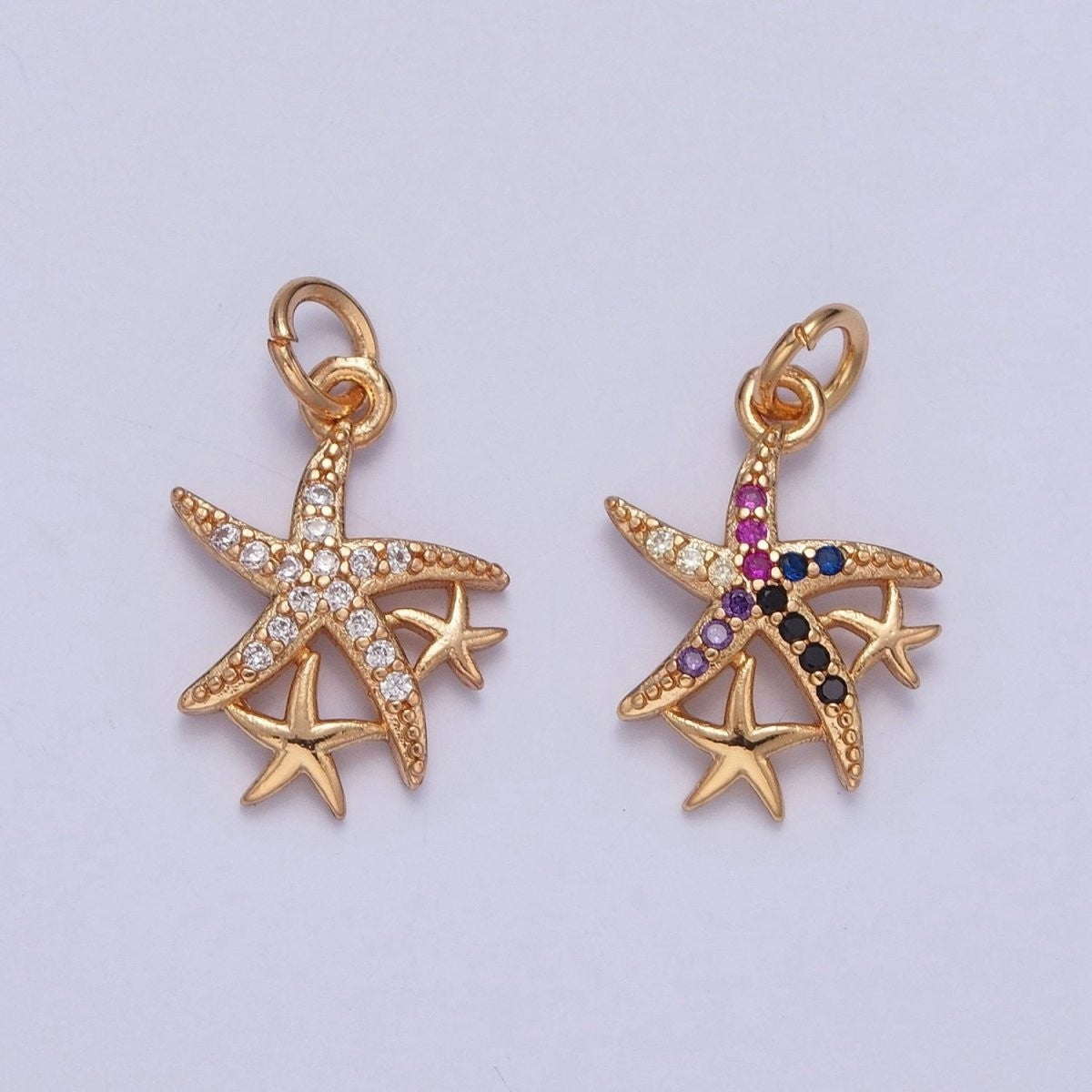 16K Gold Filled Micro Paved Clear/Multicolor CZ Ocean Starfish Beach Charm