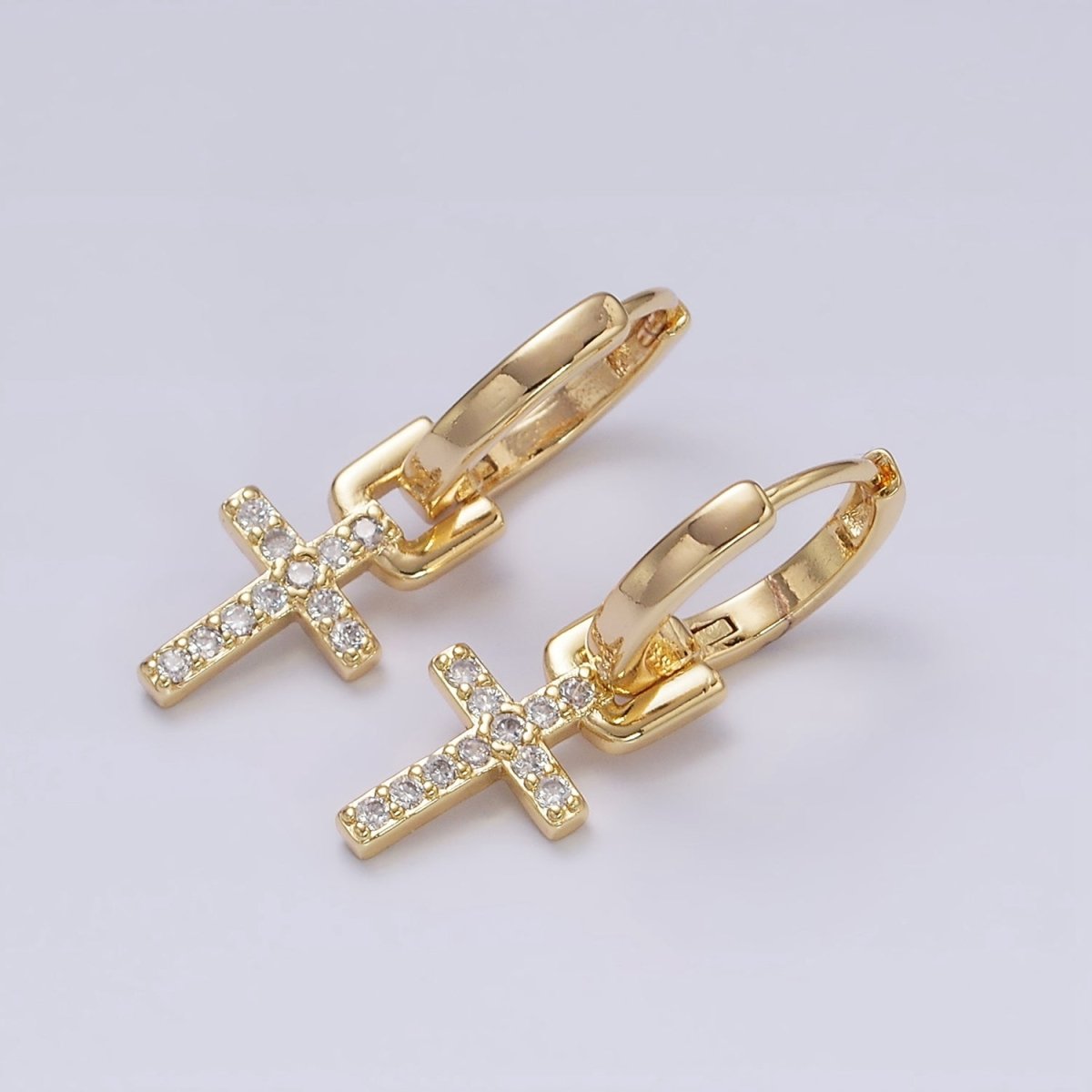 Sweet 16K Gold Filled Micro Paved CZ Cross Religious Drop Huggie Earrings in Gold