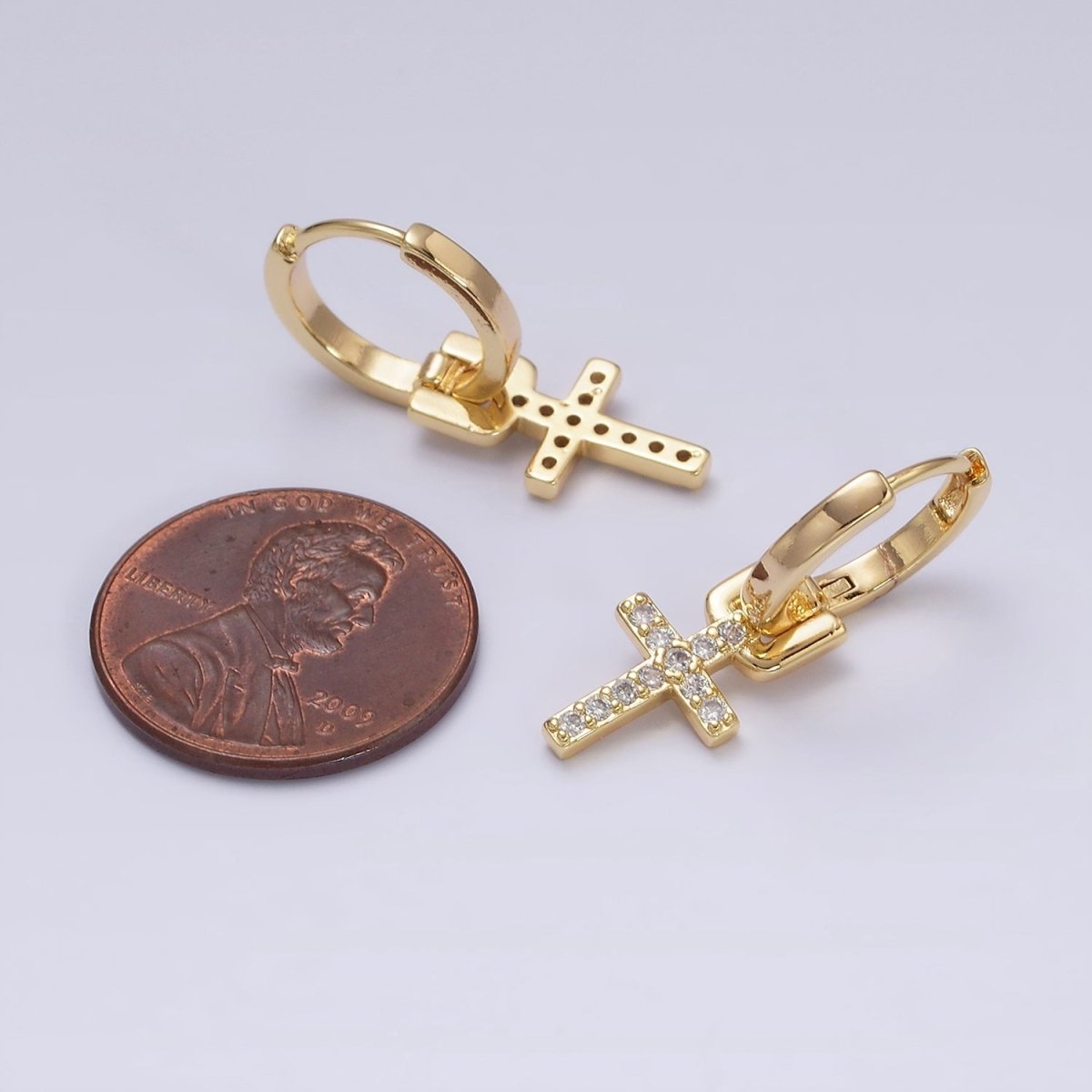 Sweet 16K Gold Filled Micro Paved CZ Cross Religious Drop Huggie Earrings in Gold