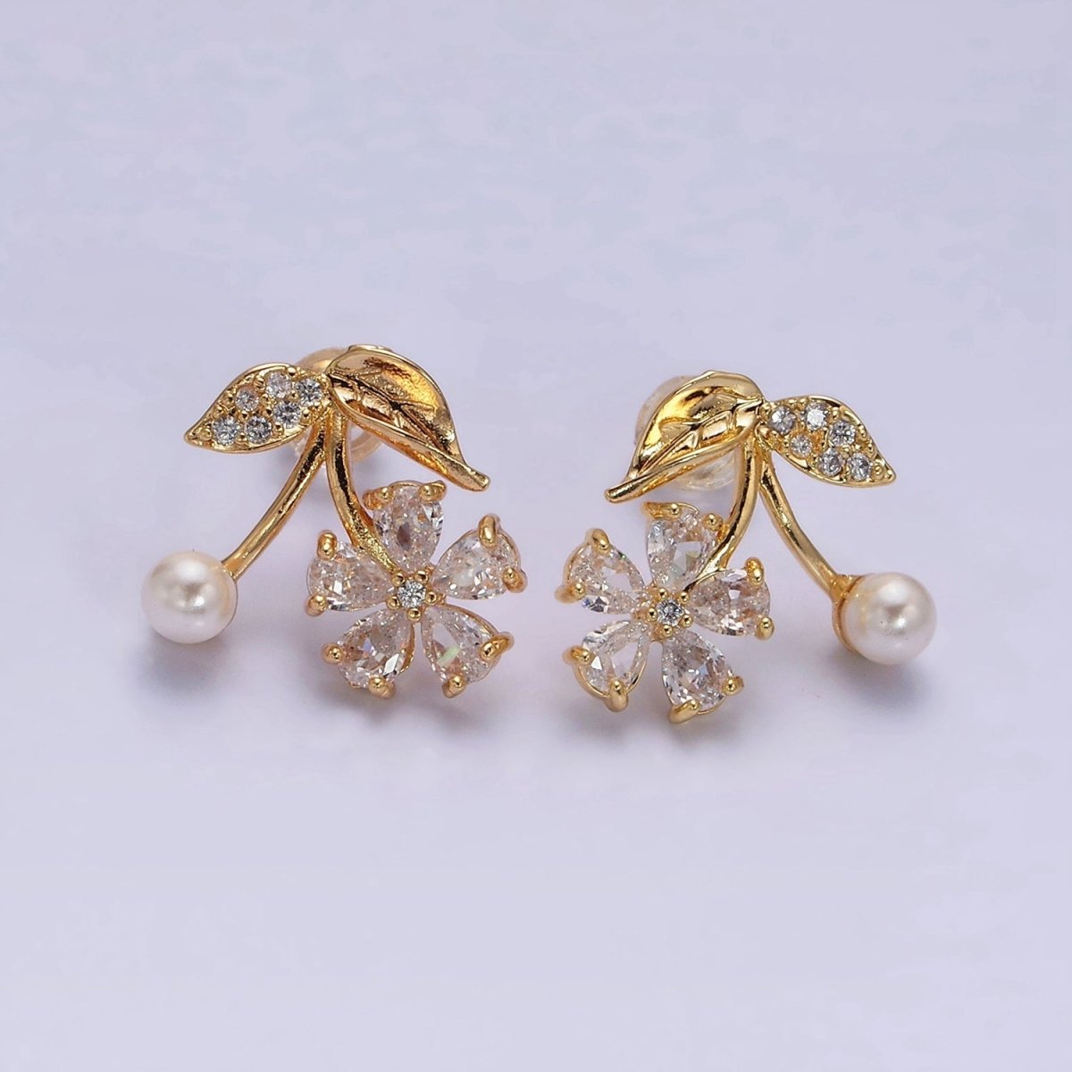 Dainty 16K Gold Filled Micro Pave Flower Clear Teardrop CZ Pearl Stud Earrings