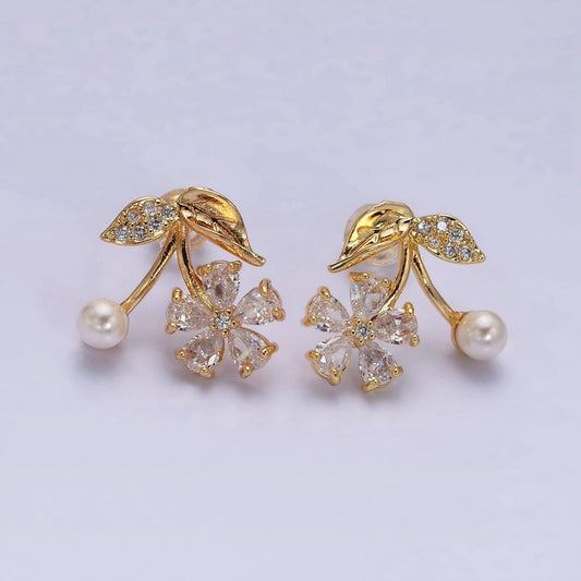 Dainty 16K Gold Filled Micro Pave Flower Clear Teardrop CZ Pearl Stud Earrings