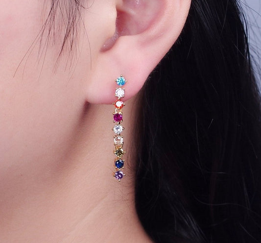 16K Gold Filled Multicolor CZ Linear Drop Dangle Stud Earrings