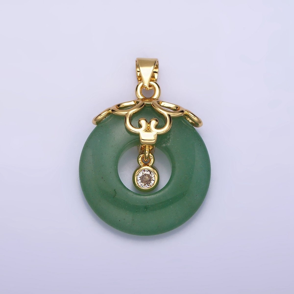 Lucky 29mm Gold-Filled Natural Green Jade Donut Artisan Frame Clear CZ Bezel Dangle Pendant