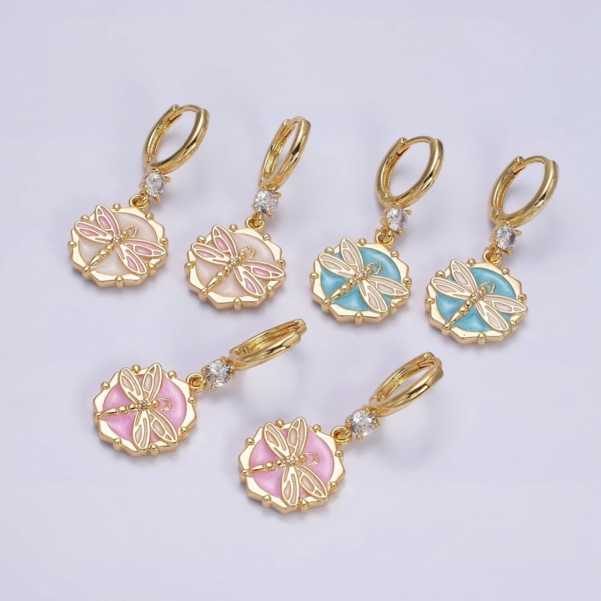 16K Gold Filled Pink, White, Blue Sparkly Enamel Dragonfly Hexagonal CZ Drop Huggie Earrings