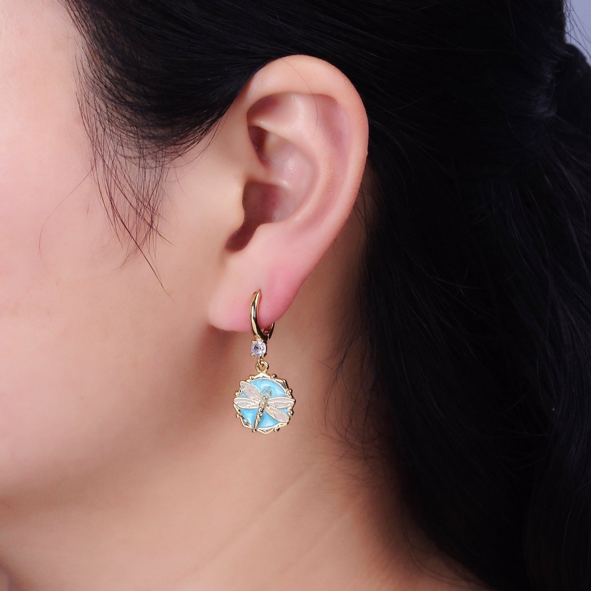 16K Gold Filled Pink, White, Blue Sparkly Enamel Dragonfly Hexagonal CZ Drop Huggie Earrings