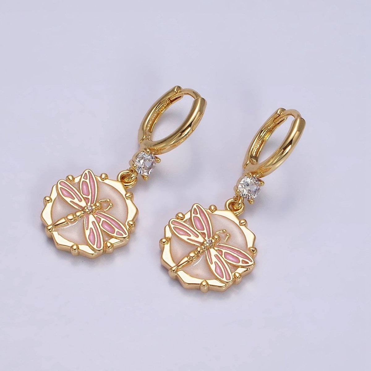 16K Gold Filled Pink, White, Blue Sparkly Enamel Dragonfly Hexagonal CZ Drop Huggie Earrings