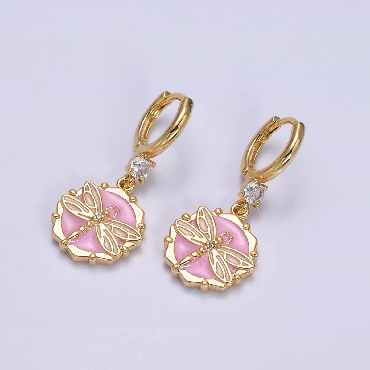 16K Gold Filled Pink, White, Blue Sparkly Enamel Dragonfly Hexagonal CZ Drop Huggie Earrings