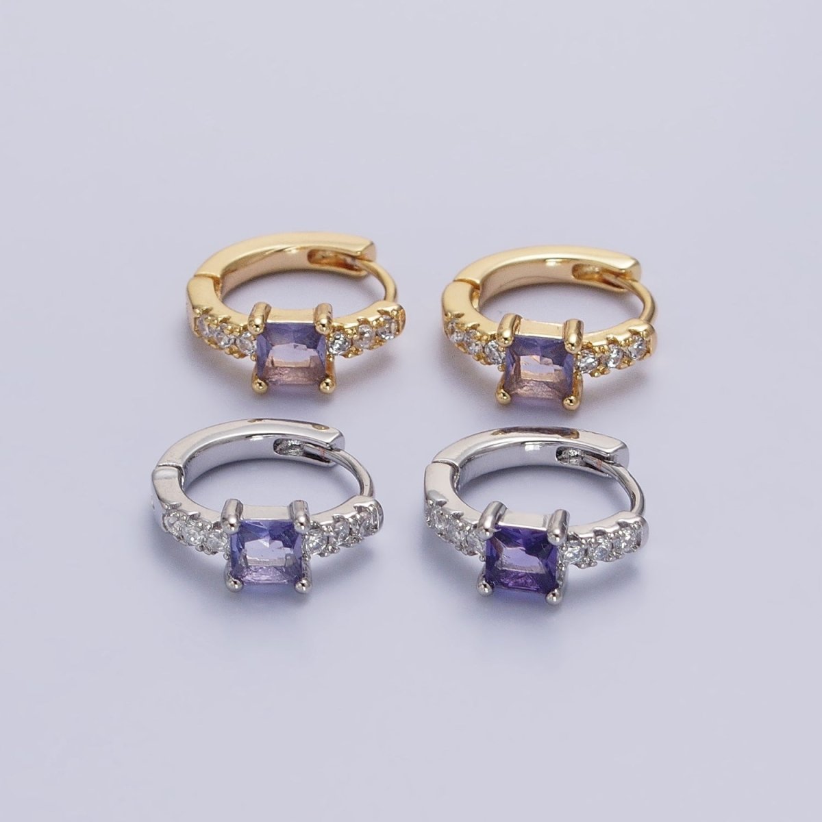 16K Gold Filled Purple Square Micro Pave CZ 12.8mm Cartilage Huggie Earrings in Gold & Silver