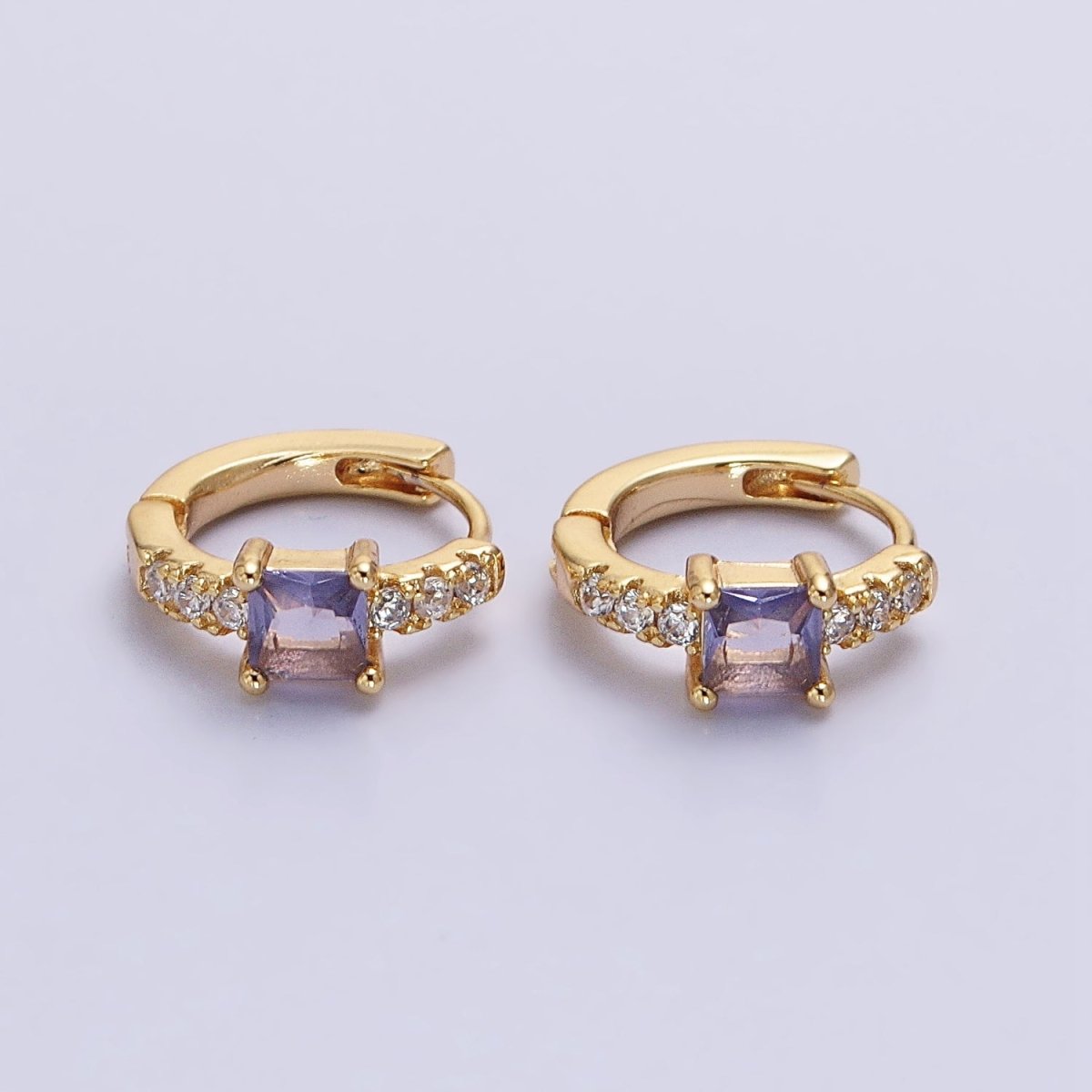 16K Gold Filled Purple Square Micro Pave CZ 12.8mm Cartilage Huggie Earrings in Gold & Silver