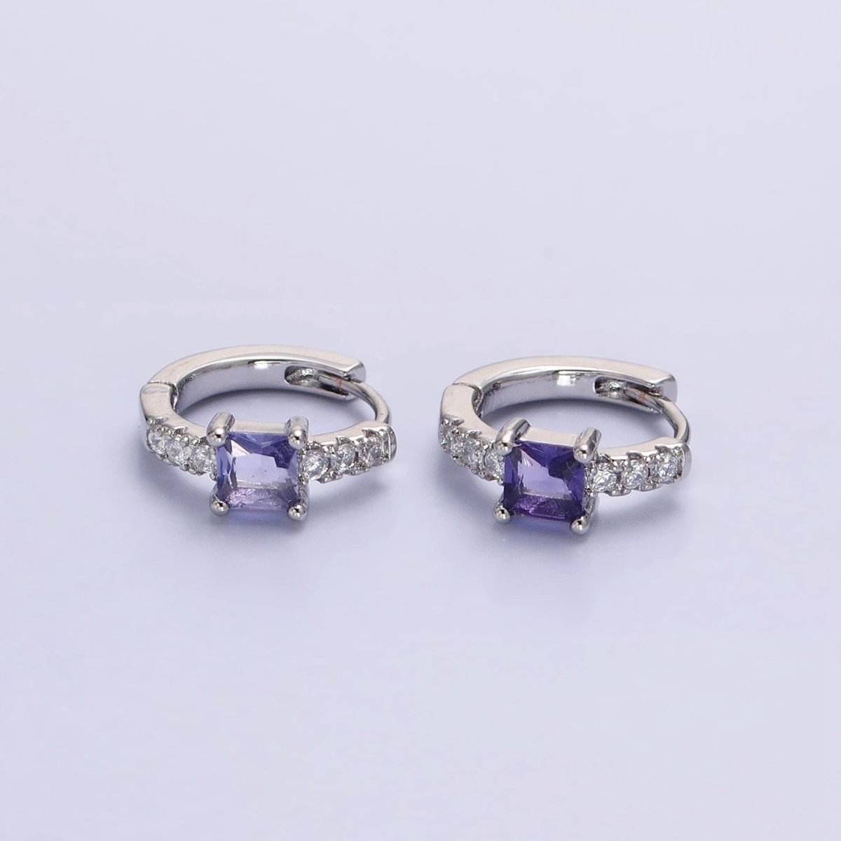 16K Gold Filled Purple Square Micro Pave CZ 12.8mm Cartilage Huggie Earrings in Gold & Silver