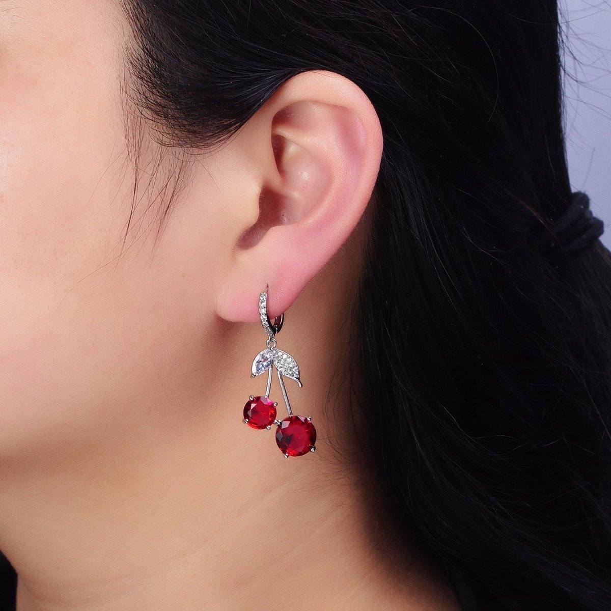 16K Gold Filled Red Cherry Fruit Drop Micro Pave Huggie Earrings in Gold & Silver