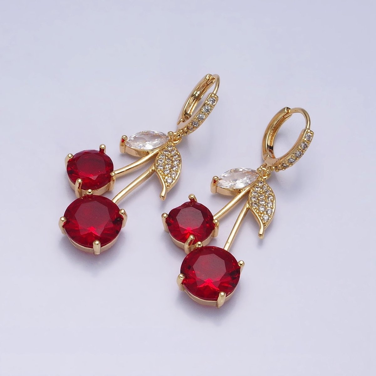 16K Gold Filled Red Cherry Fruit Drop Micro Pave Huggie Earrings in Gold & Silver