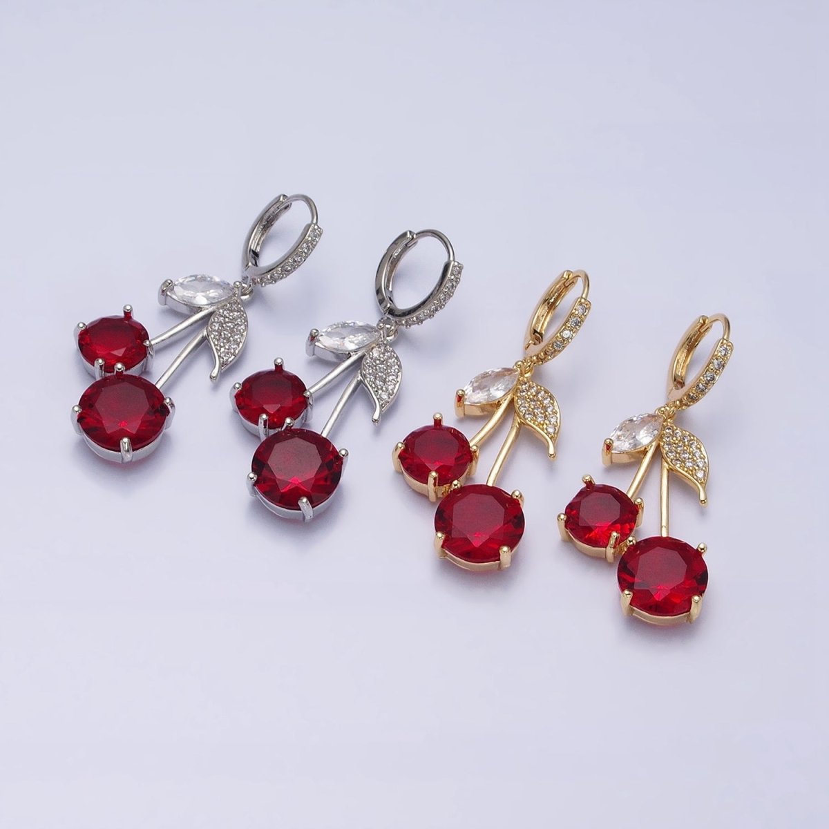 16K Gold Filled Red Cherry Fruit Drop Micro Pave Huggie Earrings in Gold & Silver