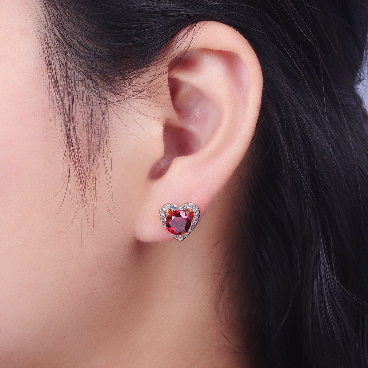 Dainty 16K Gold Filled Red Heart CZ Micro Pave Open Stud Earrings
