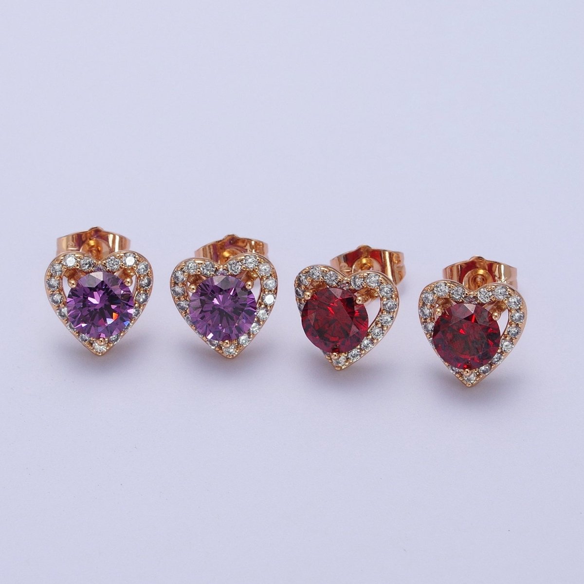 Dainty 16K Gold Filled Red Heart CZ Micro Pave Open Stud Earrings