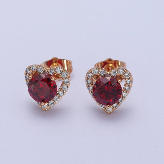 Dainty 16K Gold Filled Red Heart CZ Micro Pave Open Stud Earrings