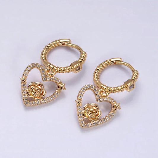 16K Gold Filled Rose Star Open Micro Pave Drop Twisted Heart CZ Huggie Earrings in Gold & Silver