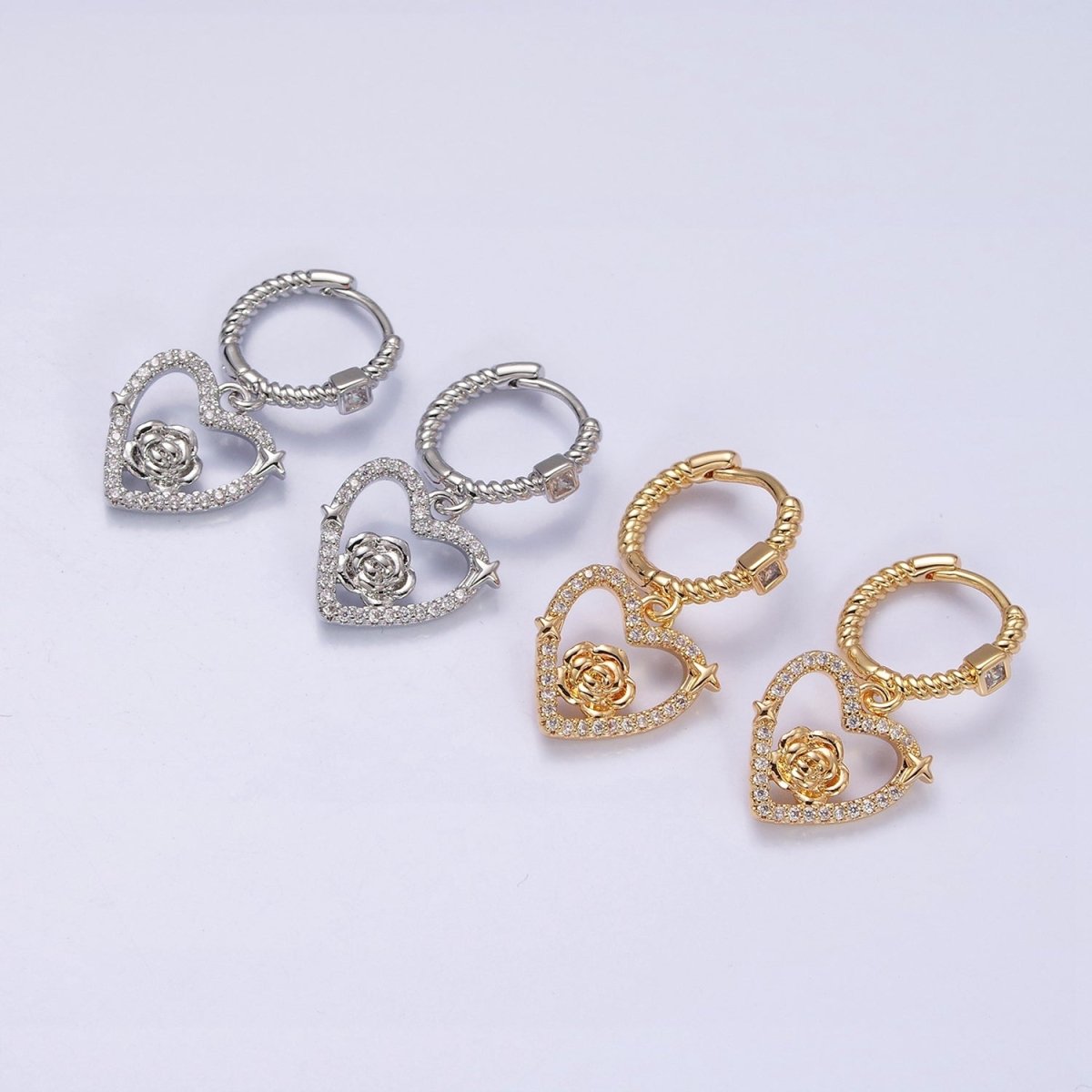 16K Gold Filled Rose Star Open Micro Pave Drop Twisted Heart CZ Huggie Earrings in Gold & Silver