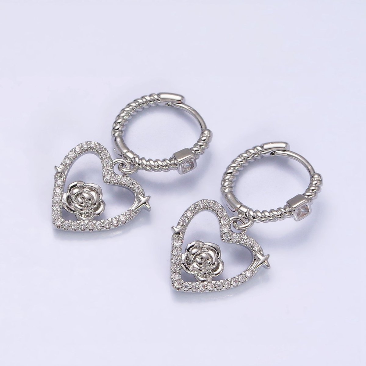 16K Gold Filled Rose Star Open Micro Pave Drop Twisted Heart CZ Huggie Earrings in Gold & Silver