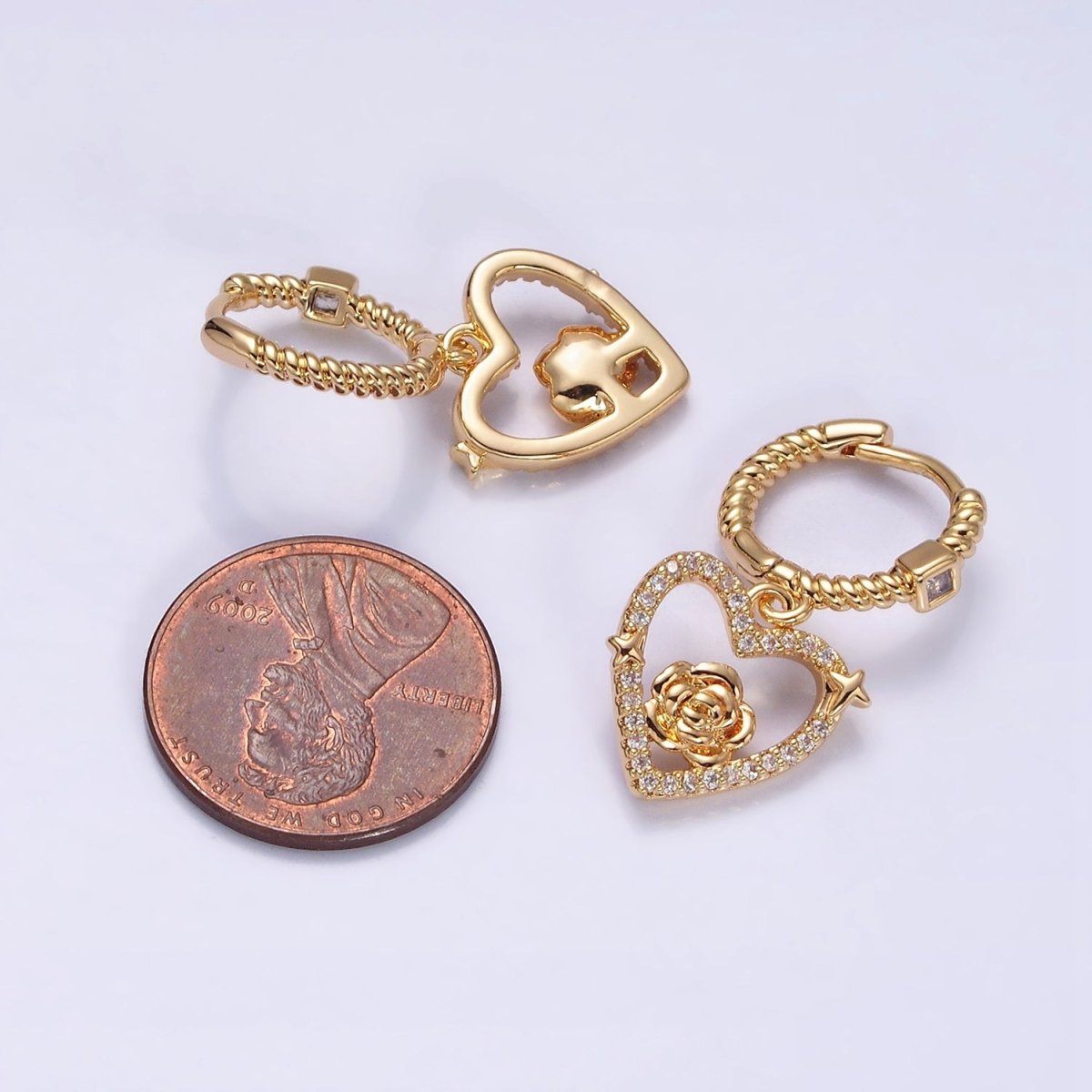 16K Gold Filled Rose Star Open Micro Pave Drop Twisted Heart CZ Huggie Earrings in Gold & Silver