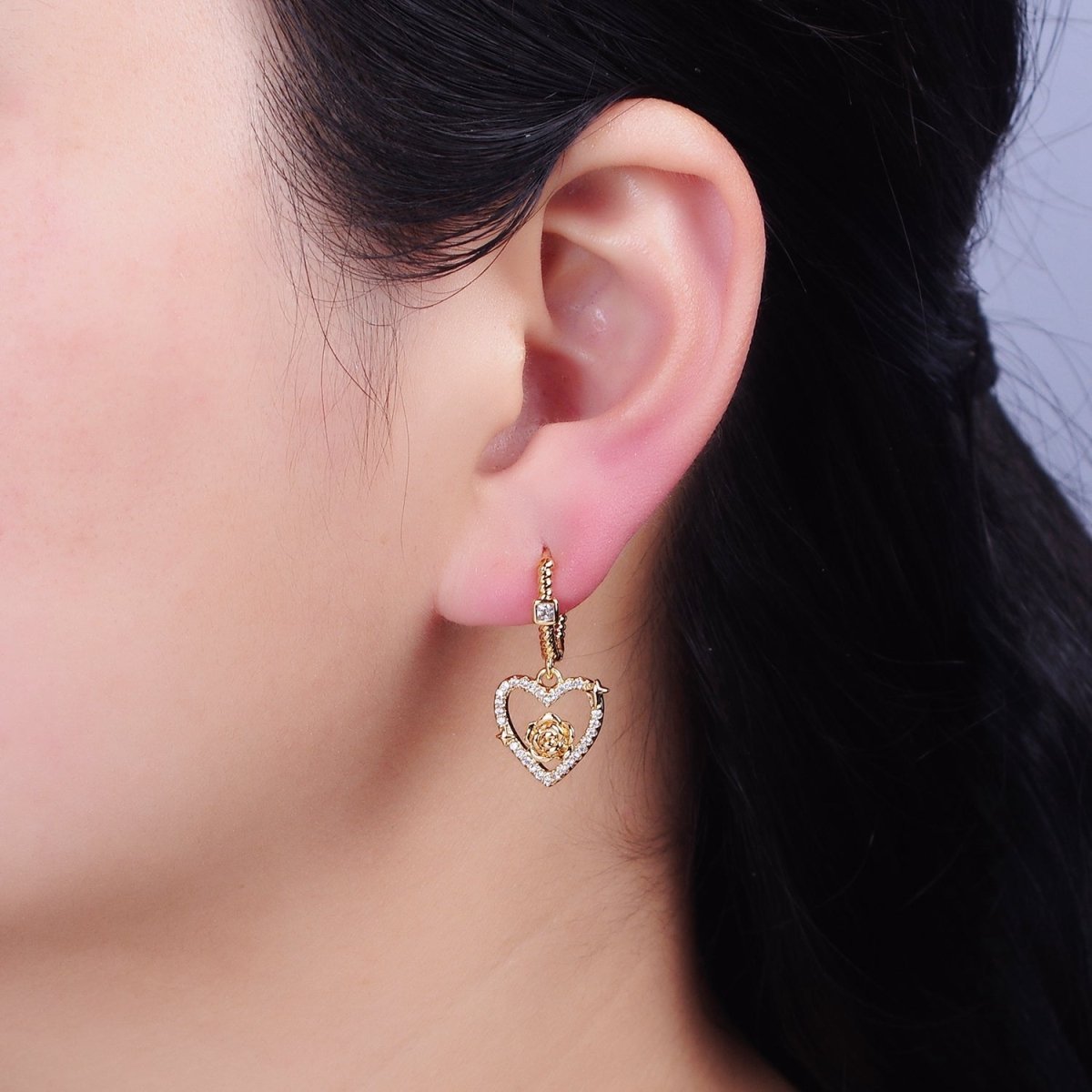 16K Gold Filled Rose Star Open Micro Pave Drop Twisted Heart CZ Huggie Earrings in Gold & Silver
