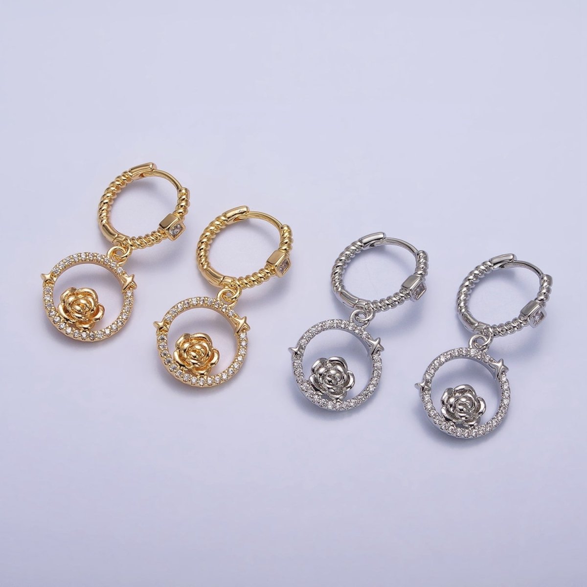 16K Gold Filled Rose Star Open Micro Pave Round Drop Twisted Square CZ Huggie Earrings in Gold & Silver