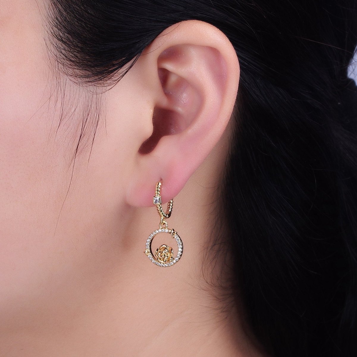 16K Gold Filled Rose Star Open Micro Pave Round Drop Twisted Square CZ Huggie Earrings in Gold & Silver