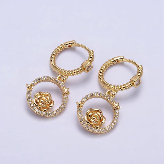 16K Gold Filled Rose Star Open Micro Pave Round Drop Twisted Square CZ Huggie Earrings in Gold & Silver