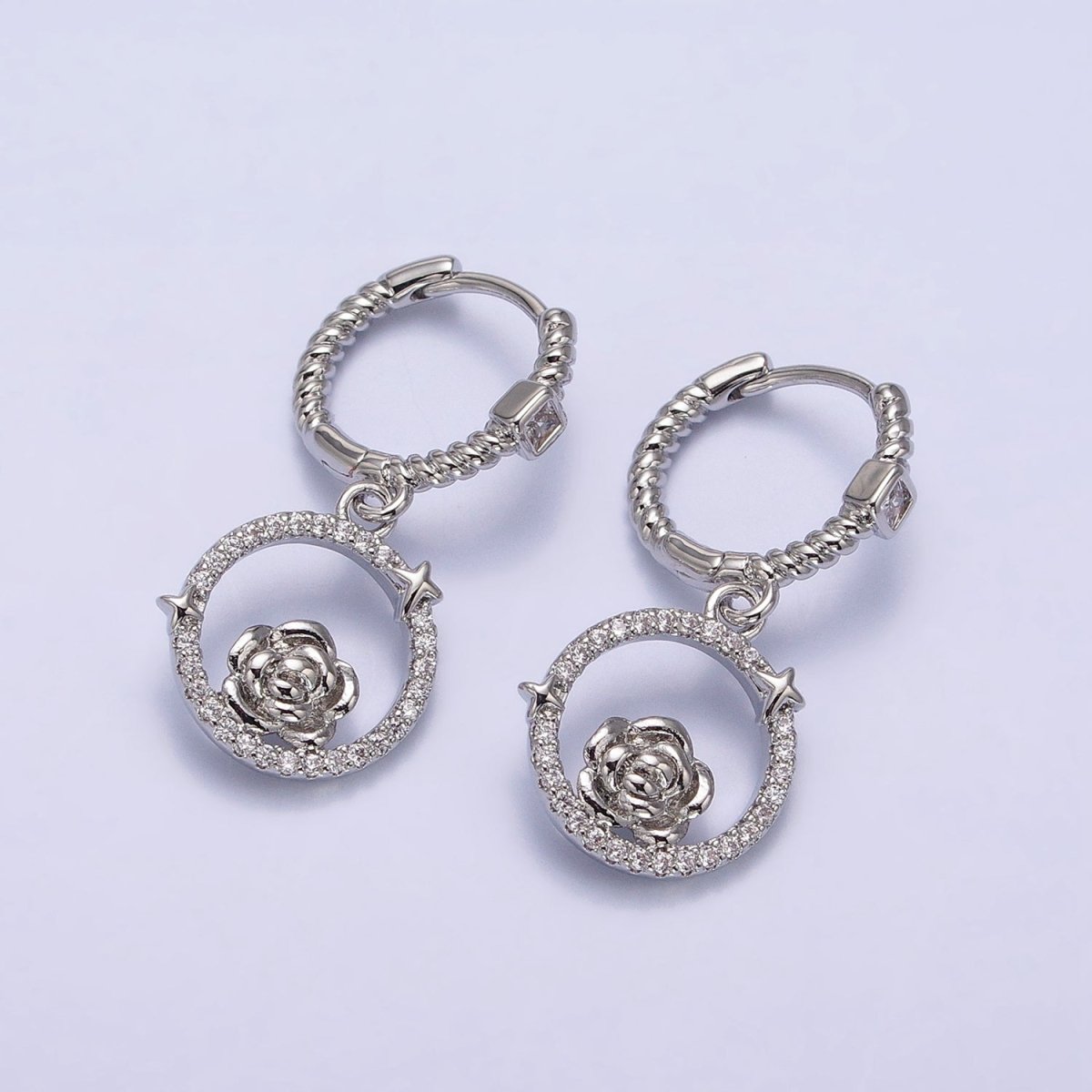 16K Gold Filled Rose Star Open Micro Pave Round Drop Twisted Square CZ Huggie Earrings in Gold & Silver