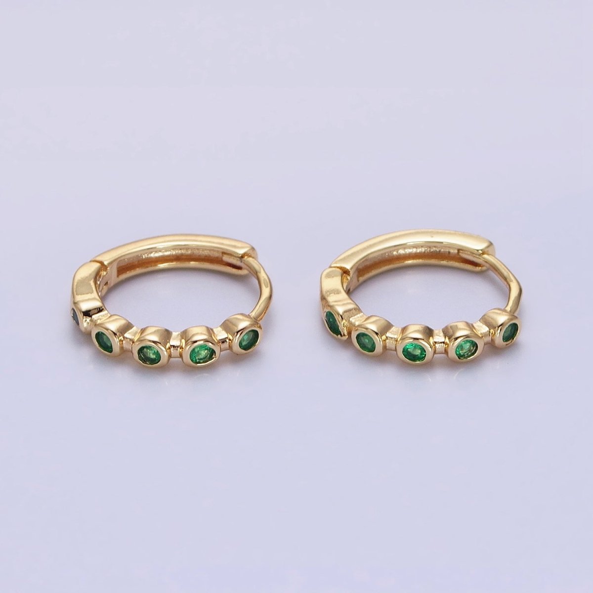 16K Gold Filled Round Green CZ Lined 12.5mm Huggie Earrings in Gold & Silver