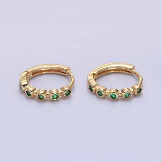 16K Gold Filled Round Green CZ Lined 12.5mm Huggie Earrings in Gold & Silver