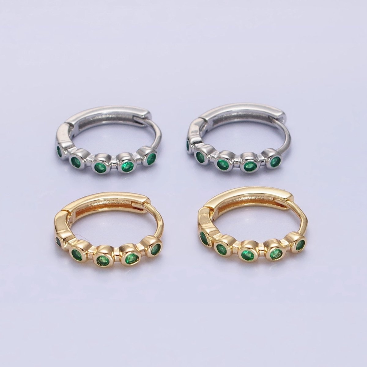 16K Gold Filled Round Green CZ Lined 12.5mm Huggie Earrings in Gold & Silver