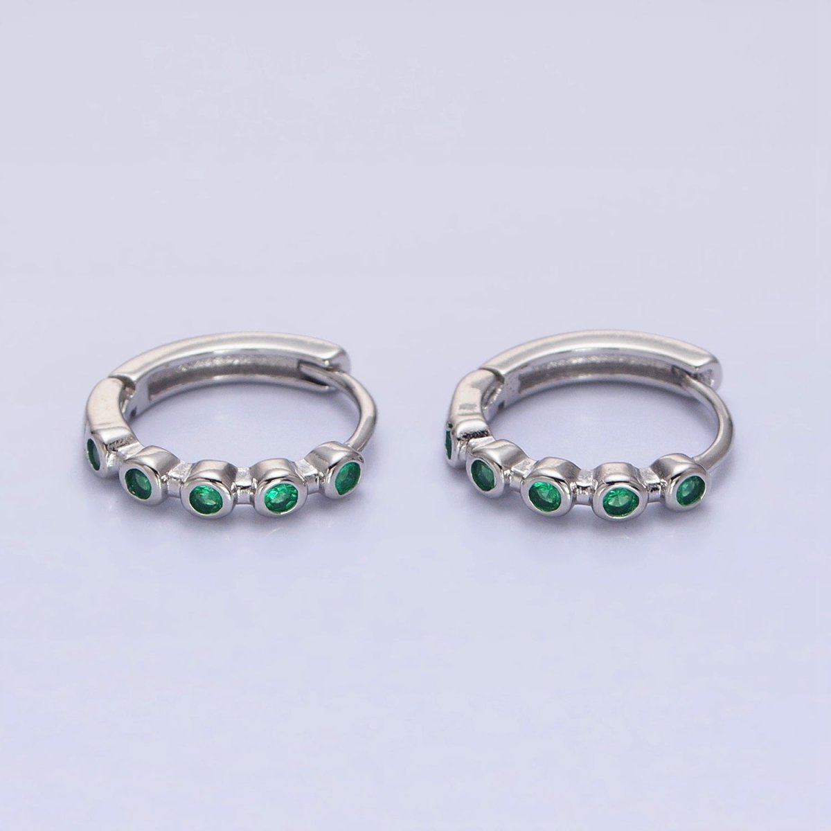 16K Gold Filled Round Green CZ Lined 12.5mm Huggie Earrings in Gold & Silver