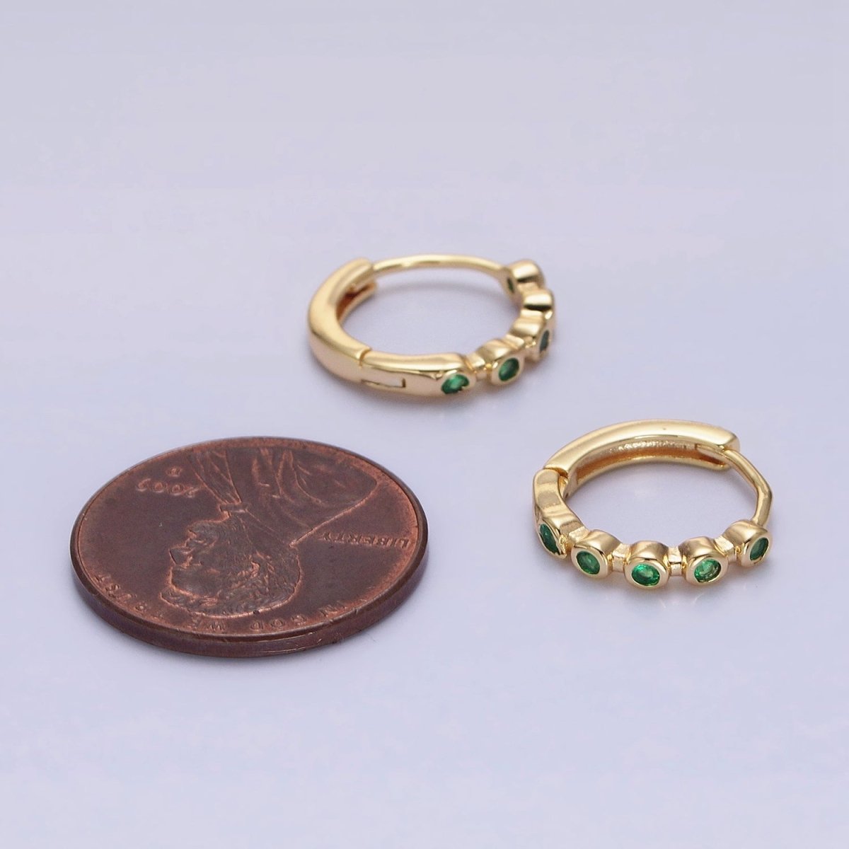 16K Gold Filled Round Green CZ Lined 12.5mm Huggie Earrings in Gold & Silver