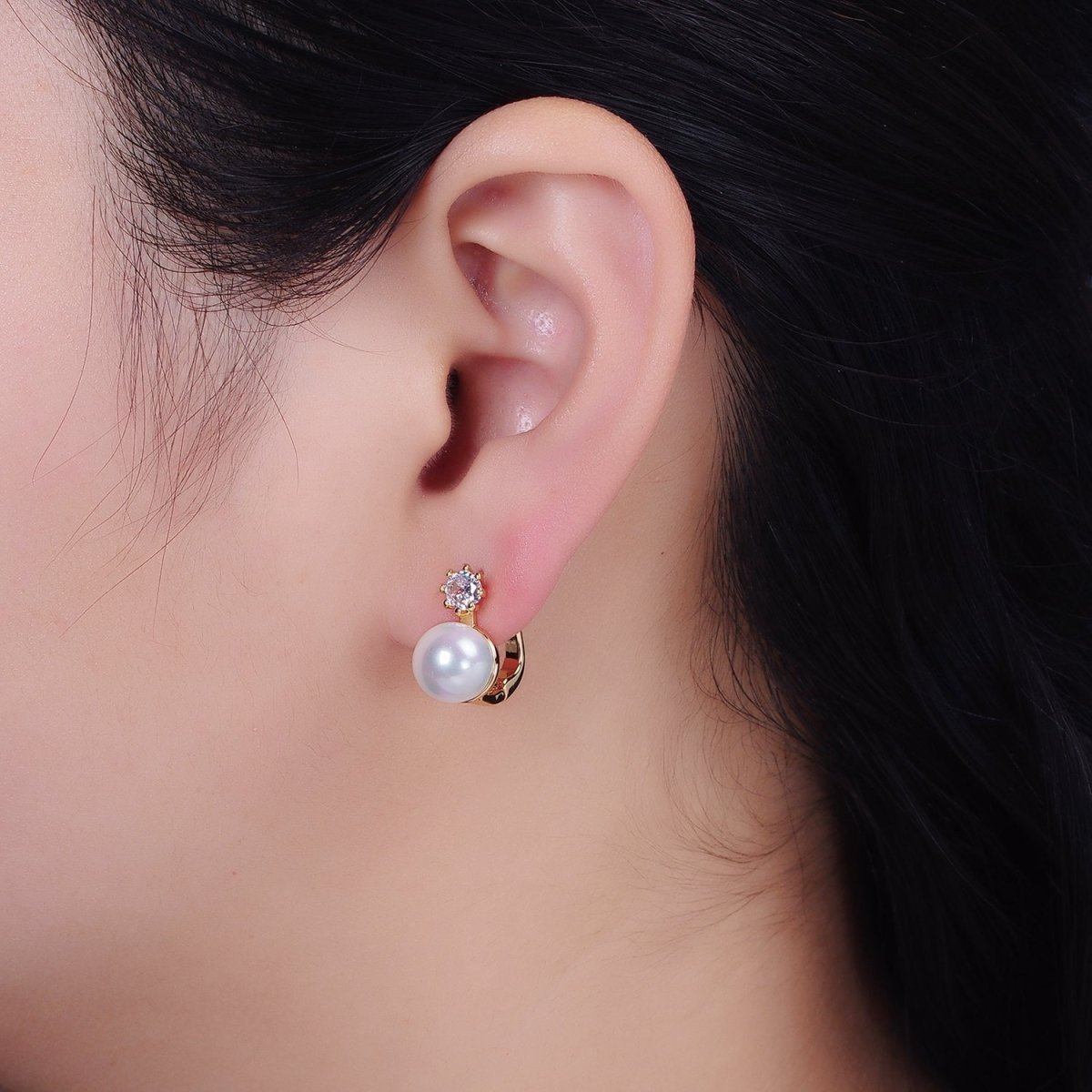 16K Gold Filled Round White or Black Pearl Clear CZ English Lock Earrings in Gold & Silver