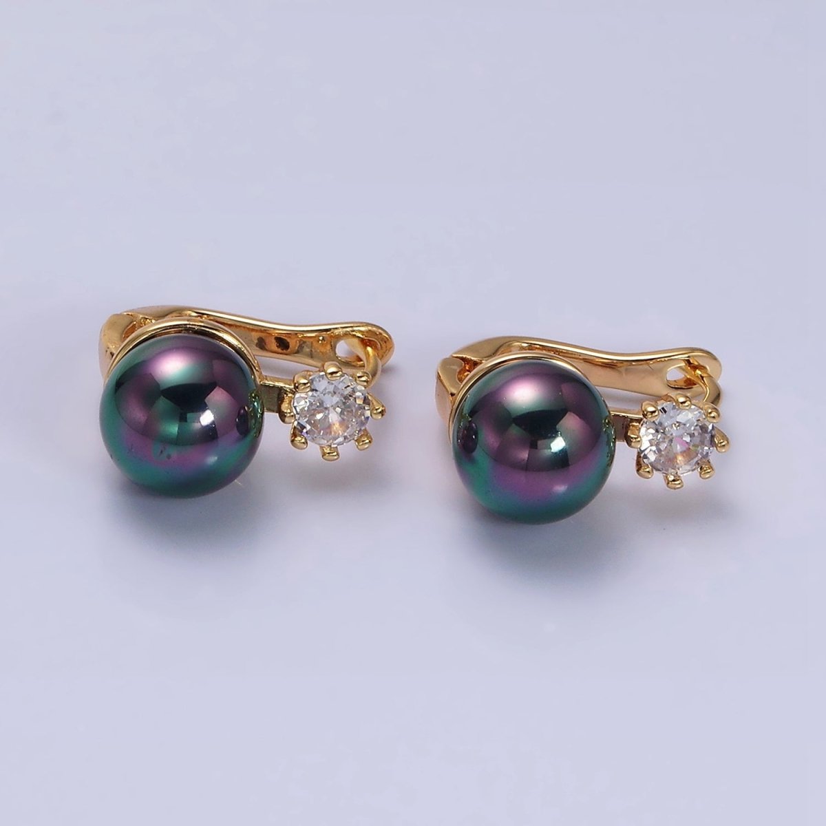16K Gold Filled Round White or Black Pearl Clear CZ English Lock Earrings in Gold & Silver