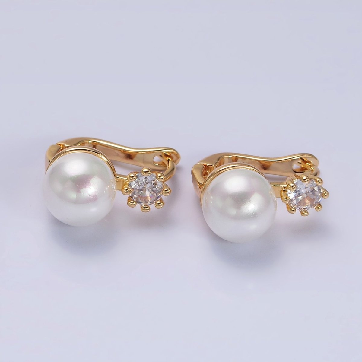 16K Gold Filled Round White or Black Pearl Clear CZ English Lock Earrings in Gold & Silver