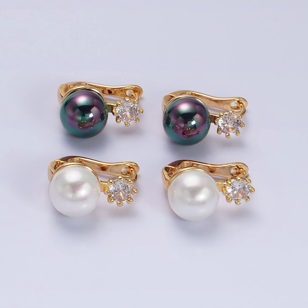 16K Gold Filled Round White or Black Pearl Clear CZ English Lock Earrings in Gold & Silver