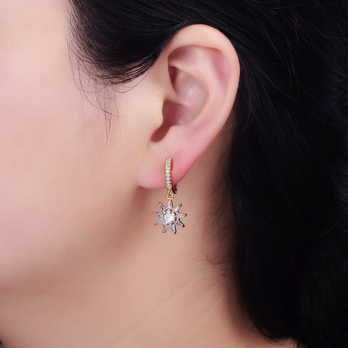 16K Gold Filled Sun Celestial Baguette Round Drop Micro Paved CZ English Lock Earrings in Gold & Silver