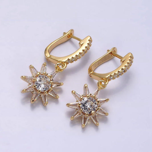 16K Gold Filled Sun Celestial Baguette Round Drop Micro Paved CZ English Lock Earrings in Gold & Silver