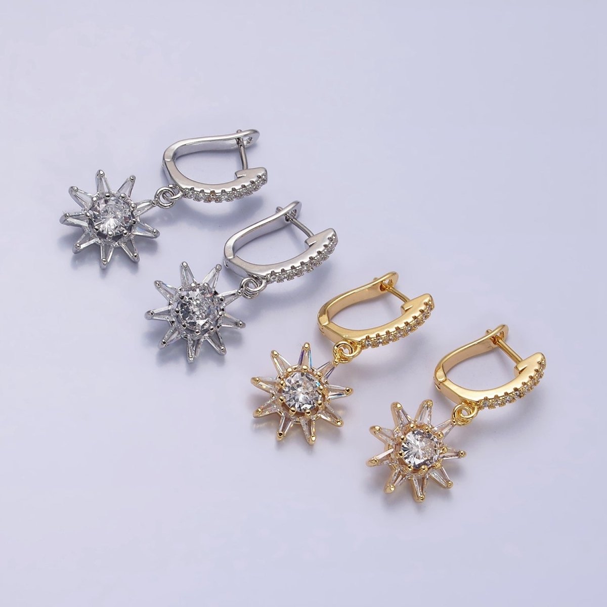 16K Gold Filled Sun Celestial Baguette Round Drop Micro Paved CZ English Lock Earrings in Gold & Silver