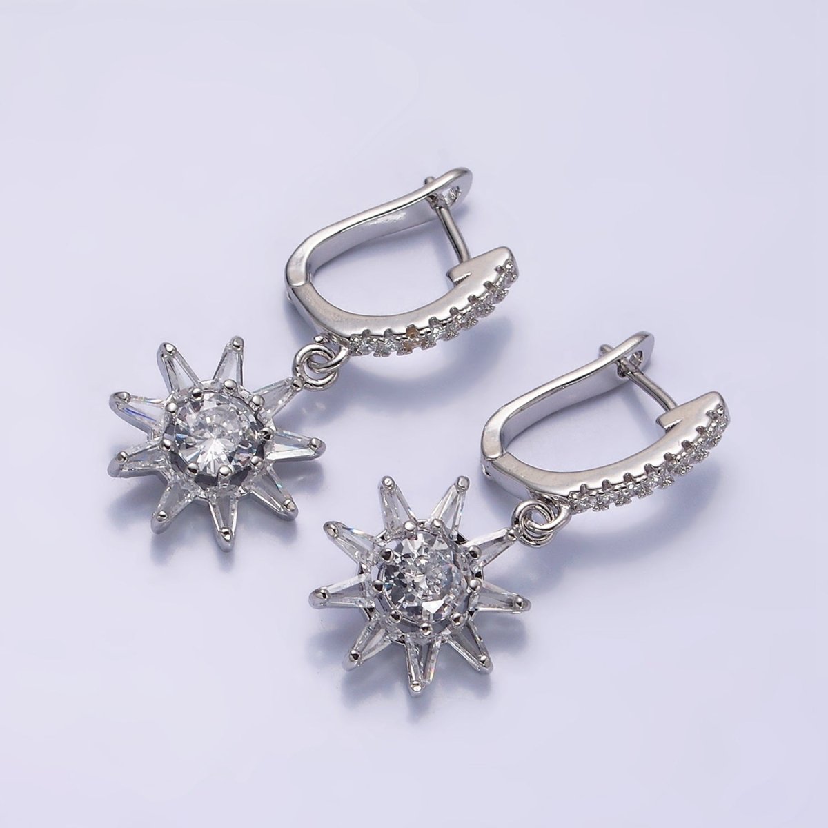16K Gold Filled Sun Celestial Baguette Round Drop Micro Paved CZ English Lock Earrings in Gold & Silver