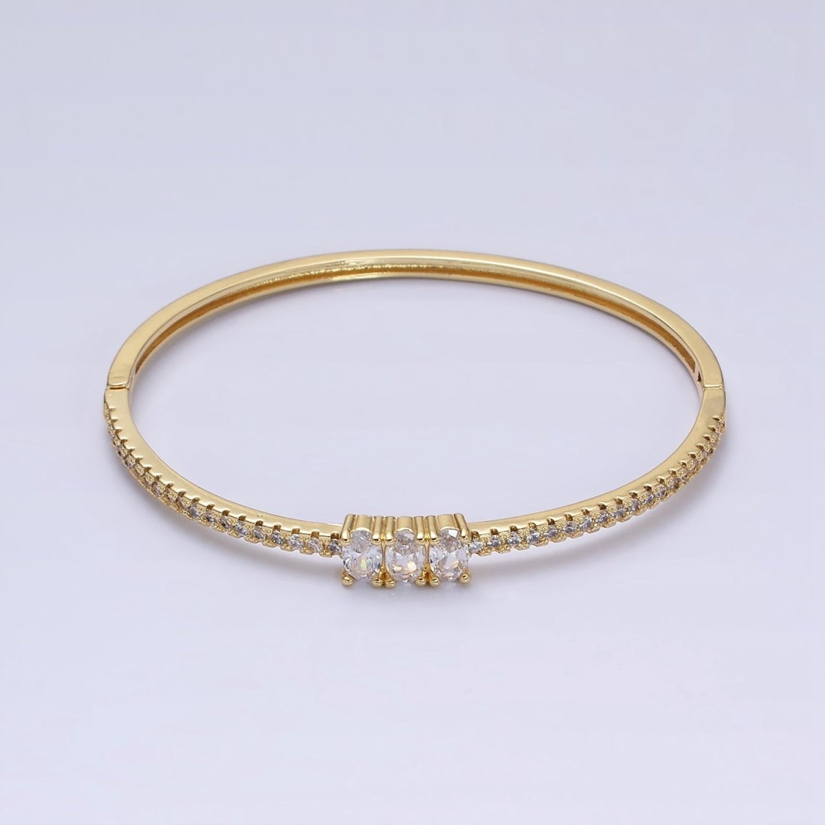 16K Gold Filled Triple Oval CZ Micro Paved CZ Stackable Hinge Bangle Bracelet