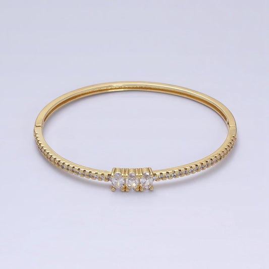 16K Gold Filled Triple Oval CZ Micro Paved CZ Stackable Hinge Bangle Bracelet