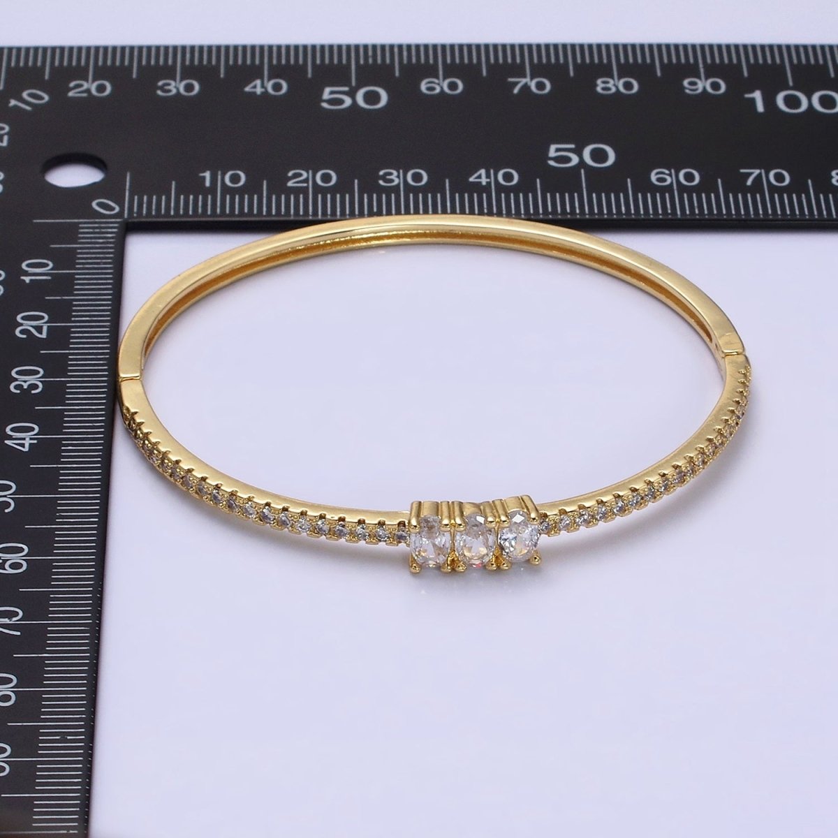 16K Gold Filled Triple Oval CZ Micro Paved CZ Stackable Hinge Bangle Bracelet