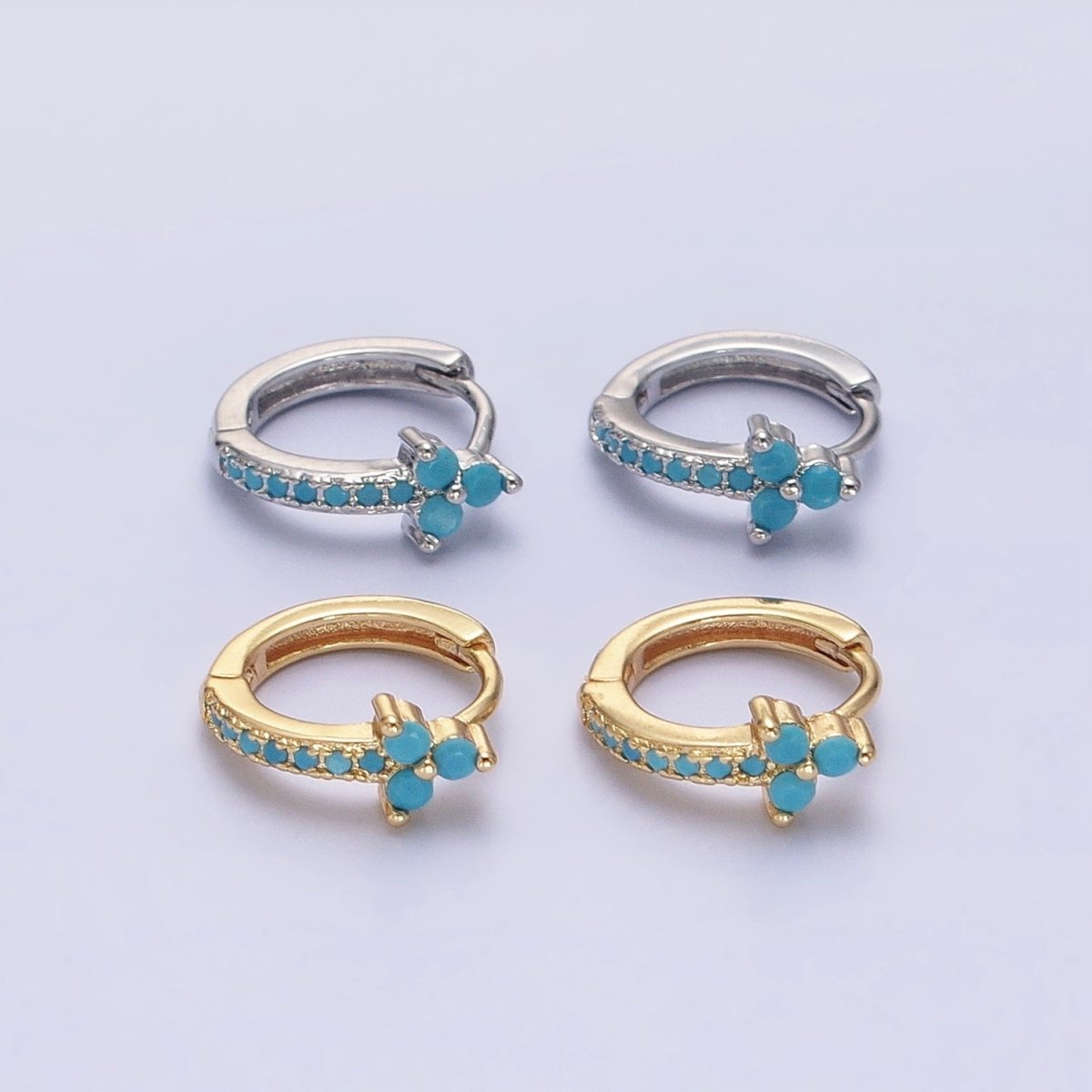 16K Gold Filled Turquoise Lined Arrow Triple Flower 11mm Cartilage Huggie Earrings in Gold & Silver
