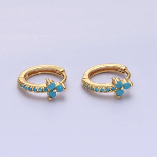 16K Gold Filled Turquoise Lined Arrow Triple Flower 11mm Cartilage Huggie Earrings in Gold & Silver