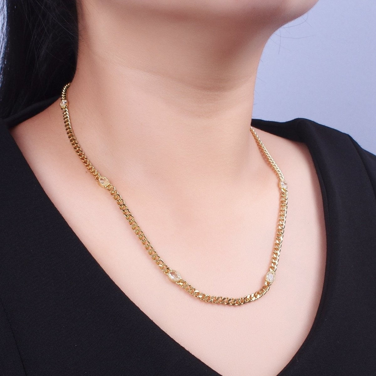 Gorgeous 18 Inch Oval CZ 4mm Gold Flat Curb Chain Necklace in Green, Blue, Purple, Red and Pink